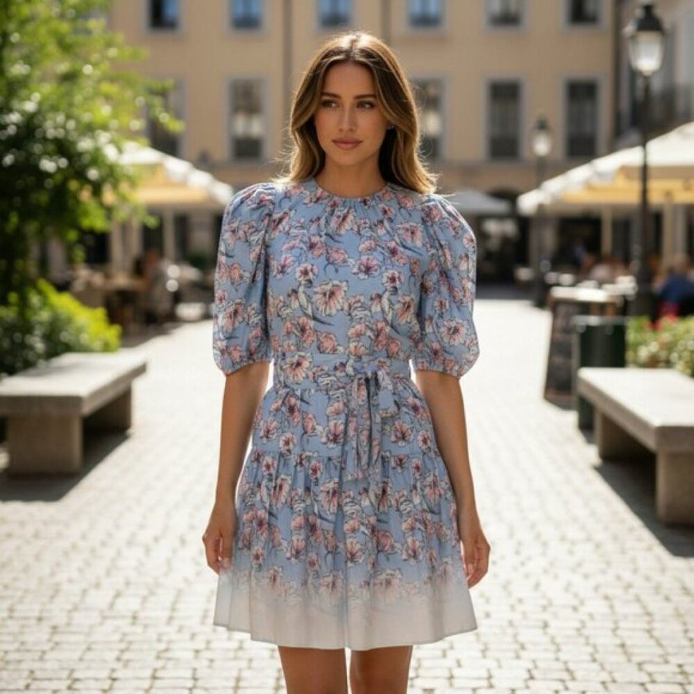 St. Roche Ciel Puff Sleeve Organic Cotton Floral Mini Dress